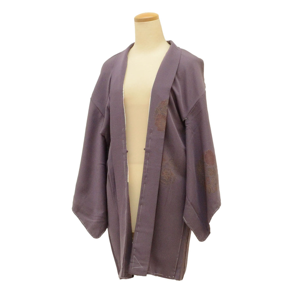 [Used] Long Haori (short kimono jacket), pure silk, recycled haori, sleeve length 63.0cm (24.8in), body length 84.5cm (33.3in), purple, floral pattern, unused item uu2112b 