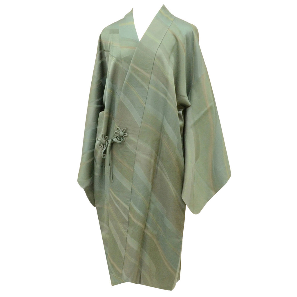 Vintage Japanese Kimono | Michiyuki Coat | Green Silk | Diagonal Stripe | Long | Sustainable | uu2126b