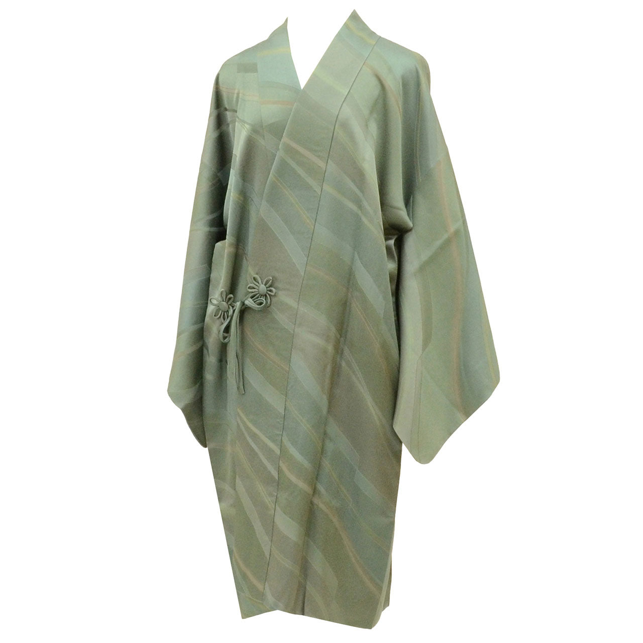 Vintage Japanese Kimono | Michiyuki Coat | Green Silk | Diagonal Stripe | Long | Sustainable | uu2126b