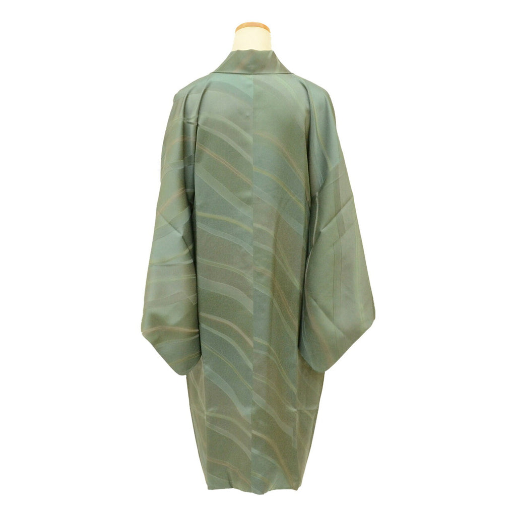 Vintage Japanese Kimono | Michiyuki Coat | Green Silk | Diagonal Stripe | Long | Sustainable | uu2126b