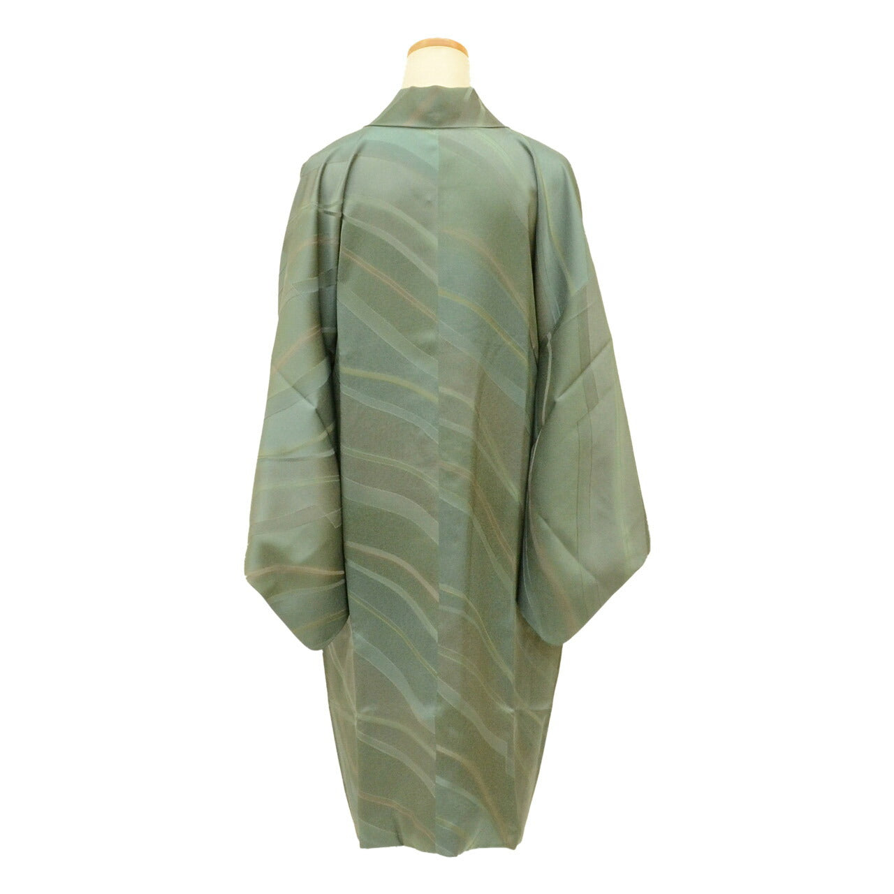 Vintage Japanese Kimono | Michiyuki Coat | Green Silk | Diagonal Stripe | Long | Sustainable | uu2126b