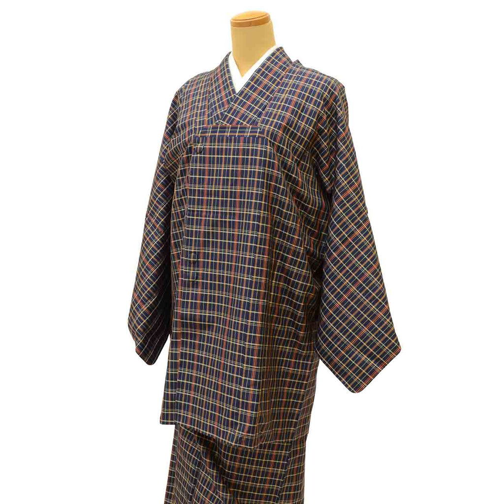 Vintage Japanese Kimono | Women's Oshima Tsumugi Ensemble | Navy Silk | Lattice Pattern | Michiyuki Coat | Unused | Sustainable | uu2134b