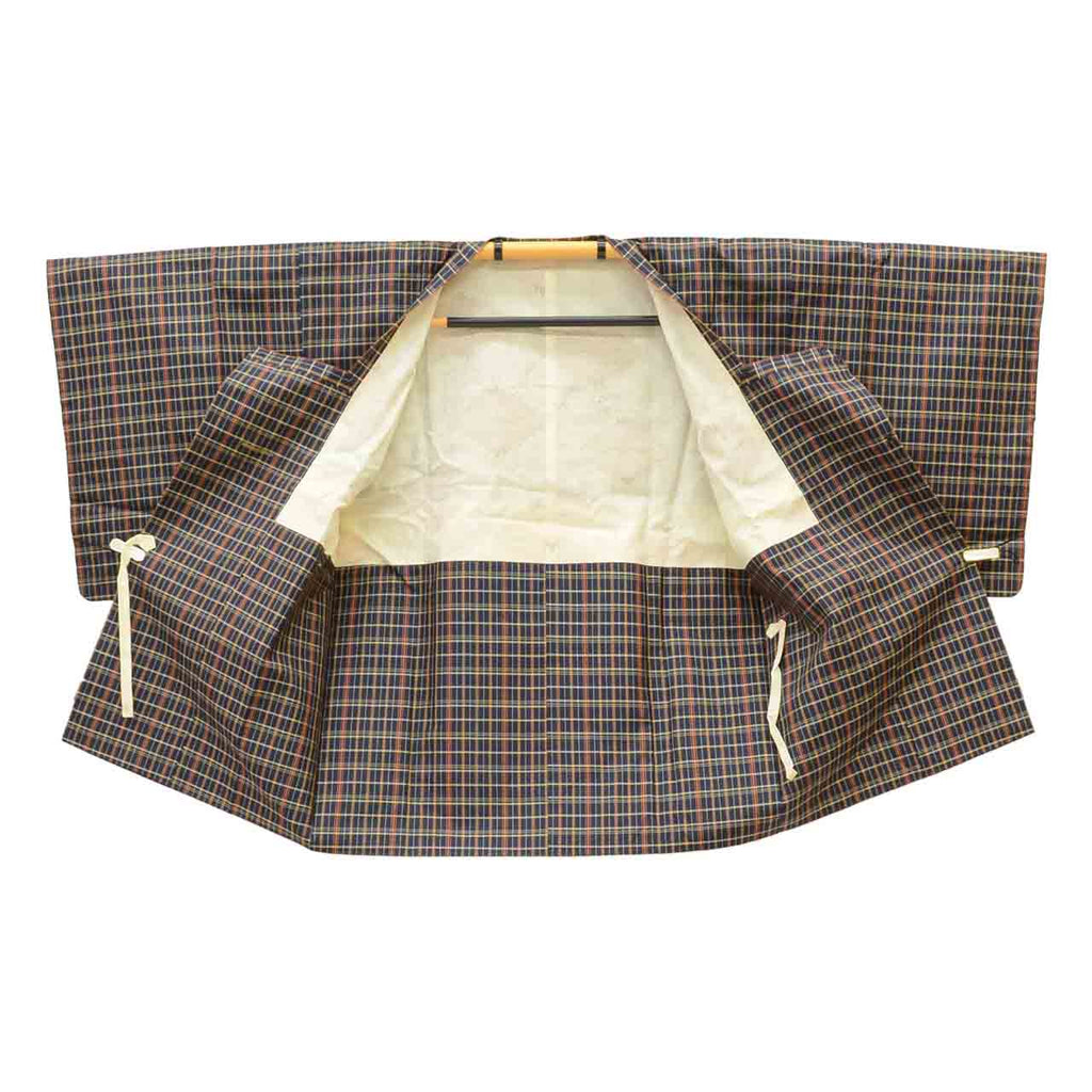 Vintage Japanese Kimono | Women's Oshima Tsumugi Ensemble | Navy Silk | Lattice Pattern | Michiyuki Coat | Unused | Sustainable | uu2134b