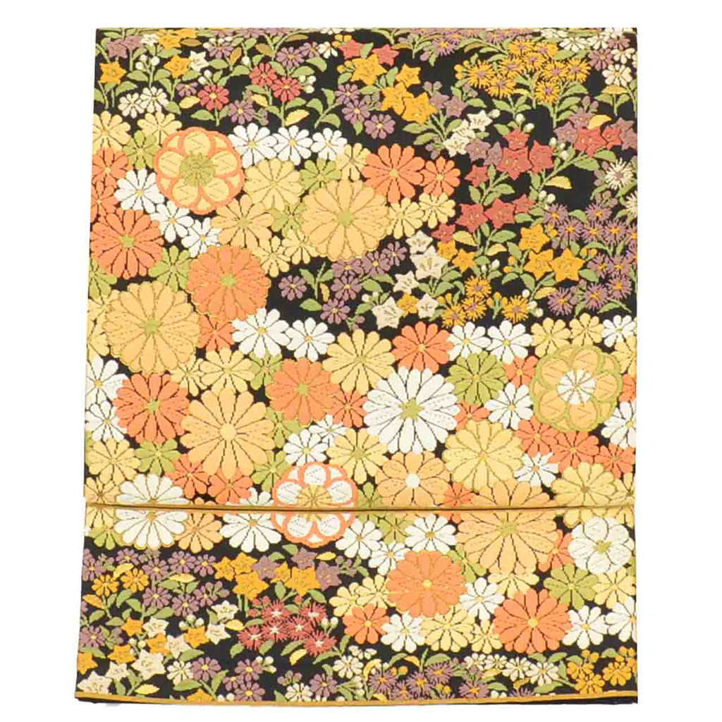 Vintage Japanese Obi | Fukuro Obi | Black Silk | Floral | Kara-ori Pure Gold Foil | Formal | Sustainable | uu2135b