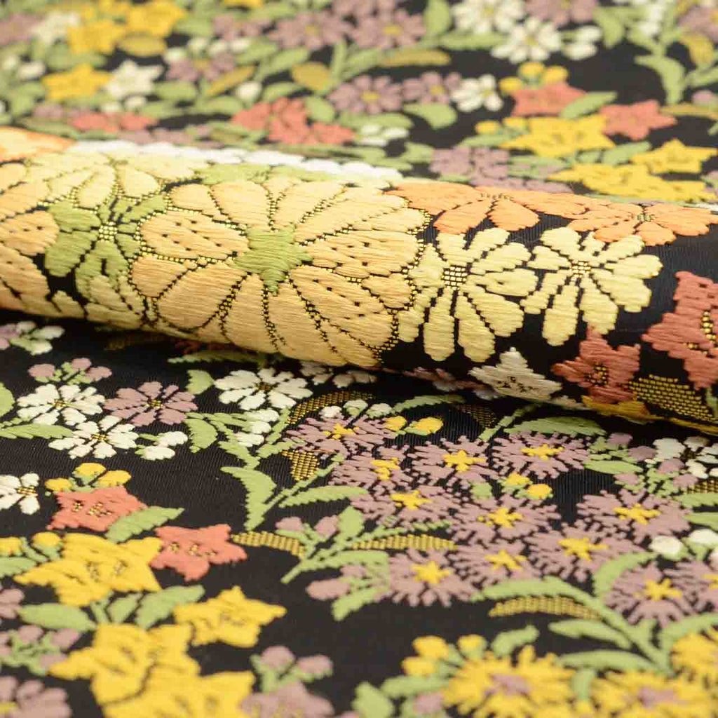 Vintage Japanese Obi | Fukuro Obi | Black Silk | Floral | Kara-ori Pure Gold Foil | Formal | Sustainable | uu2135b