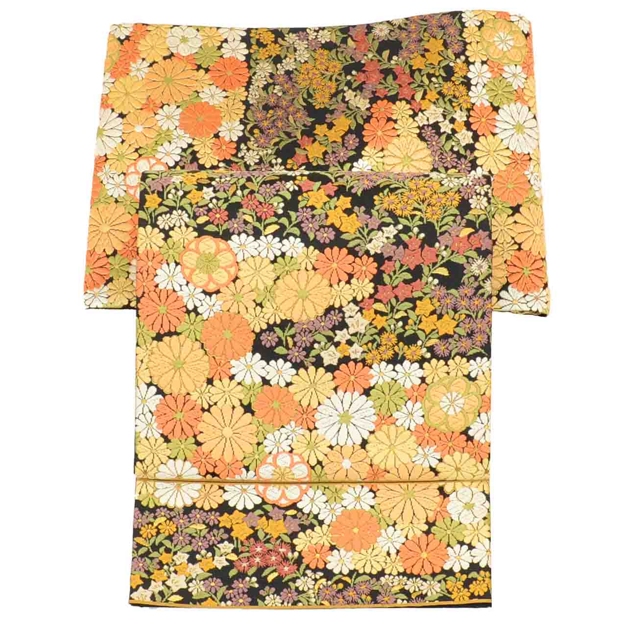 Vintage Japanese Obi | Fukuro Obi | Black Silk | Floral | Kara-ori Pure Gold Foil | Formal | Sustainable | uu2135b
