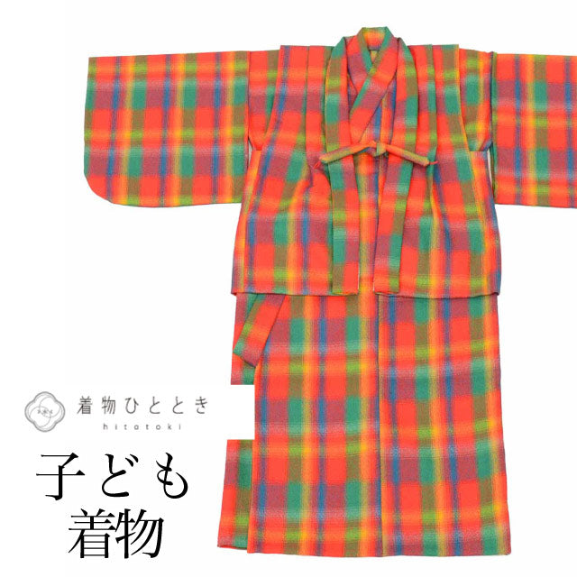 【中古】 リサイクル着物 子供 着物 羽織 セット 女の子 ウール アンサンブル 単衣 美品 仕立て上がり 裄丈42cm 身丈75cm 赤色系 格子文様  uu2154b