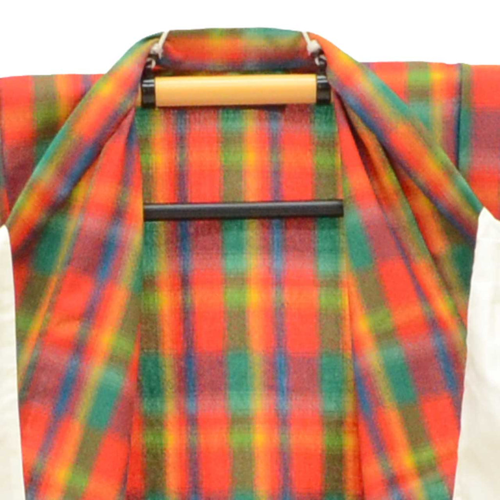 [Used] Recycled Kimono, Children's Kimono and Haori Set, Girl's Wool Ensemble, Unlined, Excellent Condition, Ready-made, Sleeve Length 42.0cm (16.5in), Body Length 75.0cm (29.5in), Reddish Color, Checkered Pattern, uu2154b 