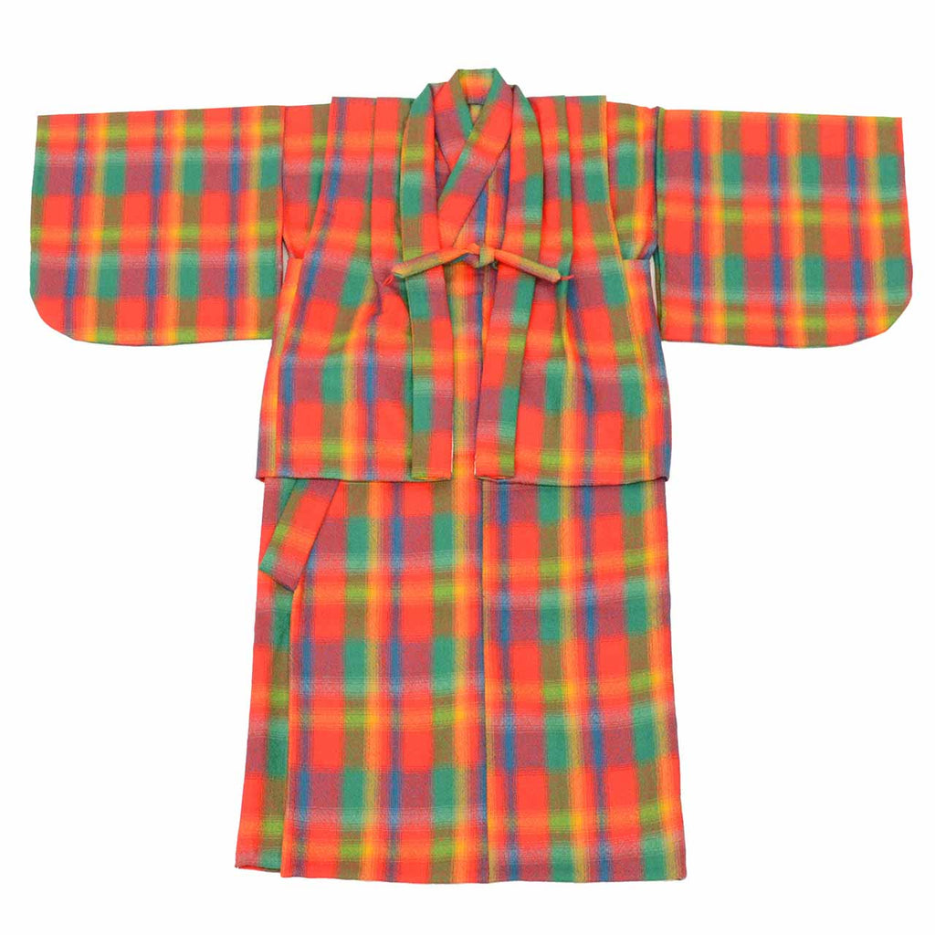 [Used] Recycled Kimono, Children's Kimono and Haori Set, Girl's Wool Ensemble, Unlined, Excellent Condition, Ready-made, Sleeve Length 42.0cm (16.5in), Body Length 75.0cm (29.5in), Reddish Color, Checkered Pattern, uu2154b 