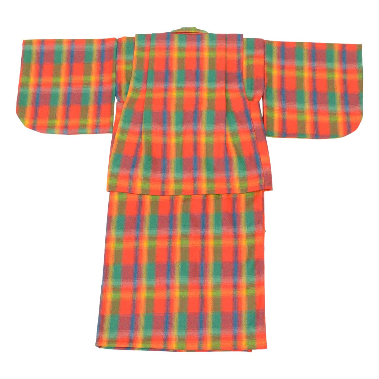 [Used] Recycled Kimono, Children's Kimono and Haori Set, Girl's Wool Ensemble, Unlined, Excellent Condition, Ready-made, Sleeve Length 42.0cm (16.5in), Body Length 75.0cm (29.5in), Reddish Color, Checkered Pattern, uu2154b 