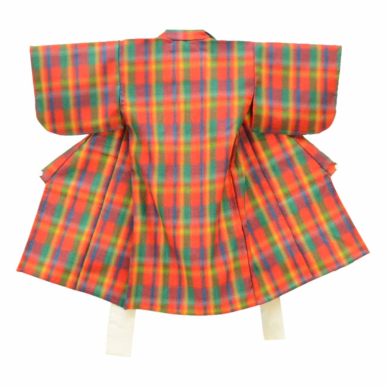 [Used] Recycled Kimono, Children's Kimono and Haori Set, Girl's Wool Ensemble, Unlined, Excellent Condition, Ready-made, Sleeve Length 42.0cm (16.5in), Body Length 75.0cm (29.5in), Reddish Color, Checkered Pattern, uu2154b 
