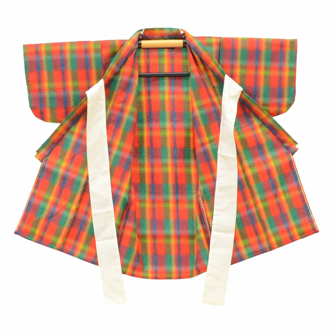 [Used] Recycled Kimono, Children's Kimono and Haori Set, Girl's Wool Ensemble, Unlined, Excellent Condition, Ready-made, Sleeve Length 42.0cm (16.5in), Body Length 75.0cm (29.5in), Reddish Color, Checkered Pattern, uu2154b 