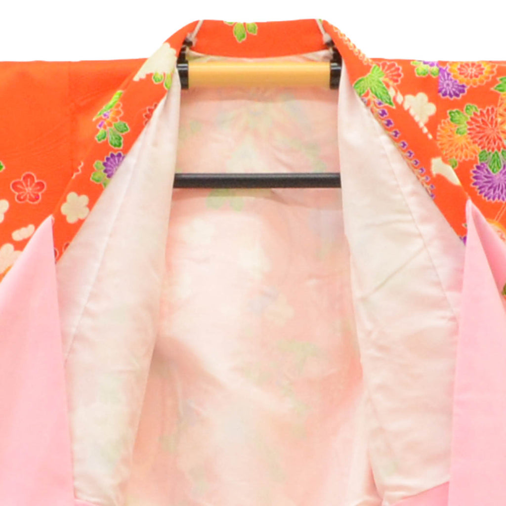 [Used] Recycled Kimono for Baby Girl's First Shrine Visit, One-Piece, Pure Silk, Ready-Made, Sleeve Length 40.5cm (15.9in), Body Length 86.0cm (33.9in), Orange, Ball and Hairpin Pattern, with Haori (short jacket), Gold Embroidery, First Kimono, uu2155b 