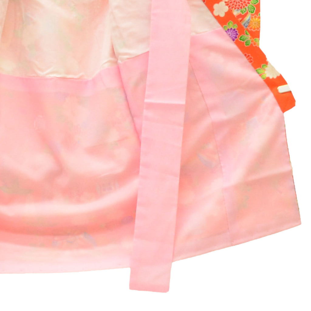 [Used] Recycled Kimono for Baby Girl's First Shrine Visit, One-Piece, Pure Silk, Ready-Made, Sleeve Length 40.5cm (15.9in), Body Length 86.0cm (33.9in), Orange, Ball and Hairpin Pattern, with Haori (short jacket), Gold Embroidery, First Kimono, uu2155b 
