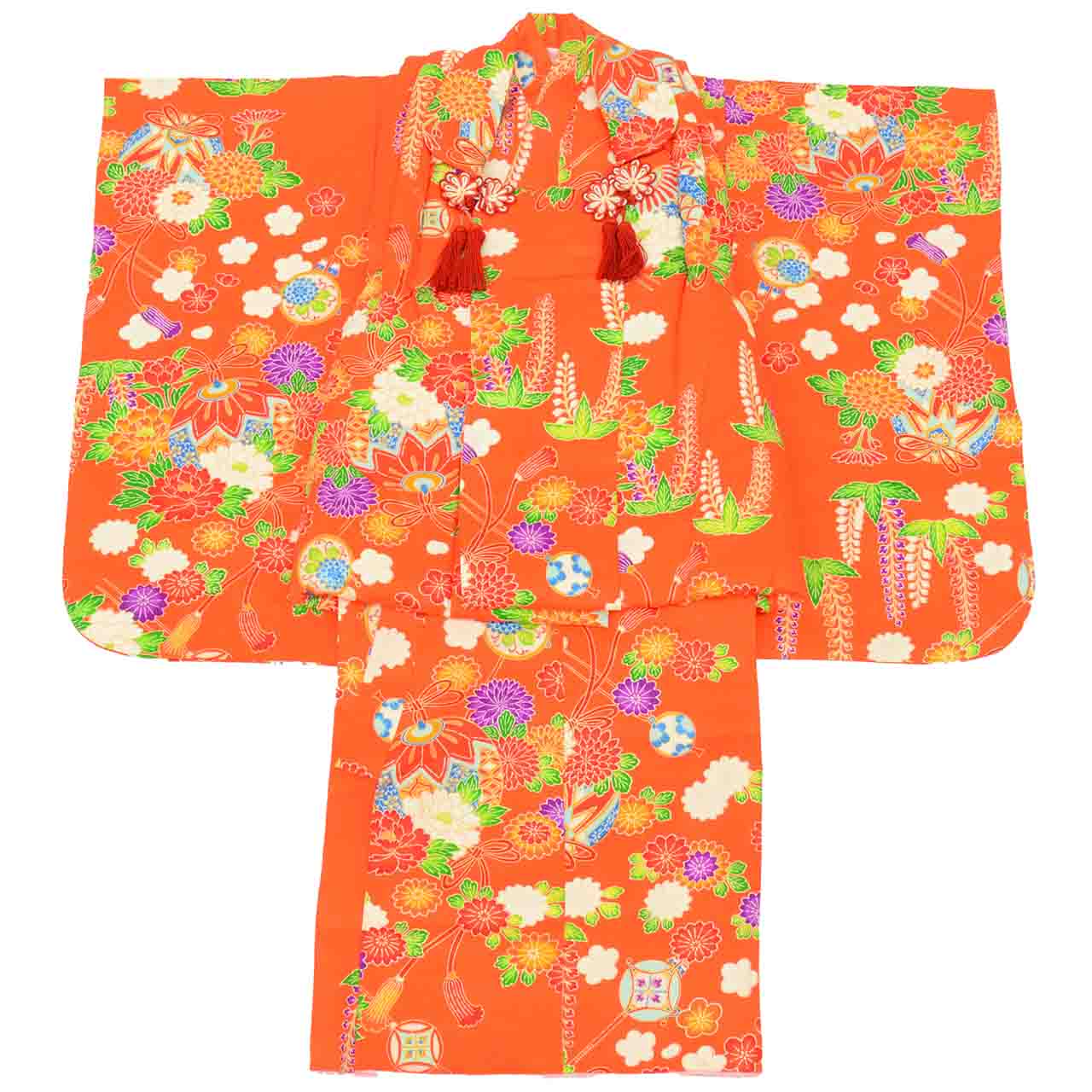 [Used] Recycled Kimono for Baby Girl's First Shrine Visit, One-Piece, Pure Silk, Ready-Made, Sleeve Length 40.5cm (15.9in), Body Length 86.0cm (33.9in), Orange, Ball and Hairpin Pattern, with Haori (short jacket), Gold Embroidery, First Kimono, uu2155b 