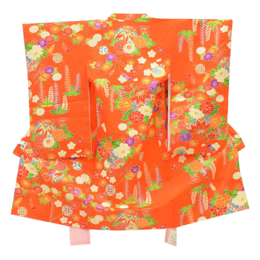 [Used] Recycled Kimono for Baby Girl's First Shrine Visit, One-Piece, Pure Silk, Ready-Made, Sleeve Length 40.5cm (15.9in), Body Length 86.0cm (33.9in), Orange, Ball and Hairpin Pattern, with Haori (short jacket), Gold Embroidery, First Kimono, uu2155b 