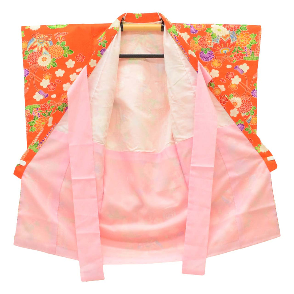 [Used] Recycled Kimono for Baby Girl's First Shrine Visit, One-Piece, Pure Silk, Ready-Made, Sleeve Length 40.5cm (15.9in), Body Length 86.0cm (33.9in), Orange, Ball and Hairpin Pattern, with Haori (short jacket), Gold Embroidery, First Kimono, uu2155b 