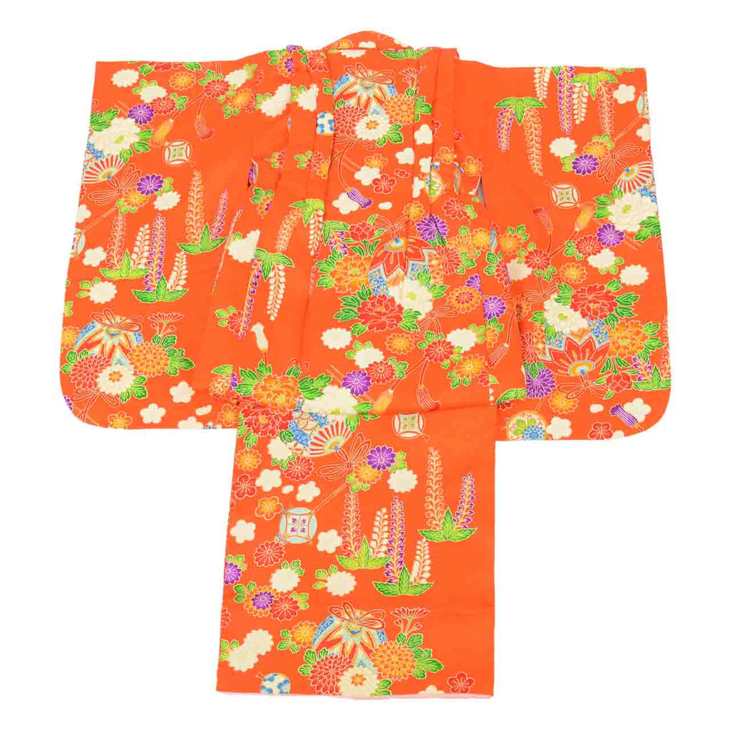 [Used] Recycled Kimono for Baby Girl's First Shrine Visit, One-Piece, Pure Silk, Ready-Made, Sleeve Length 40.5cm (15.9in), Body Length 86.0cm (33.9in), Orange, Ball and Hairpin Pattern, with Haori (short jacket), Gold Embroidery, First Kimono, uu2155b 
