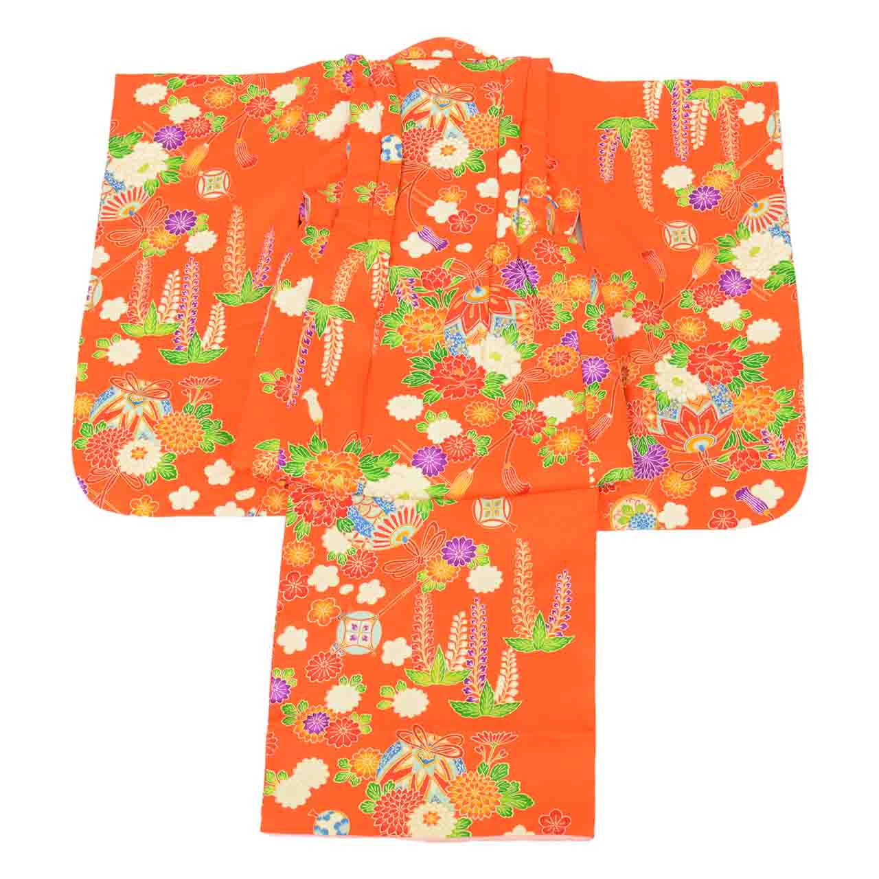 [Used] Recycled Kimono for Baby Girl's First Shrine Visit, One-Piece, Pure Silk, Ready-Made, Sleeve Length 40.5cm (15.9in), Body Length 86.0cm (33.9in), Orange, Ball and Hairpin Pattern, with Haori (short jacket), Gold Embroidery, First Kimono, uu2155b 