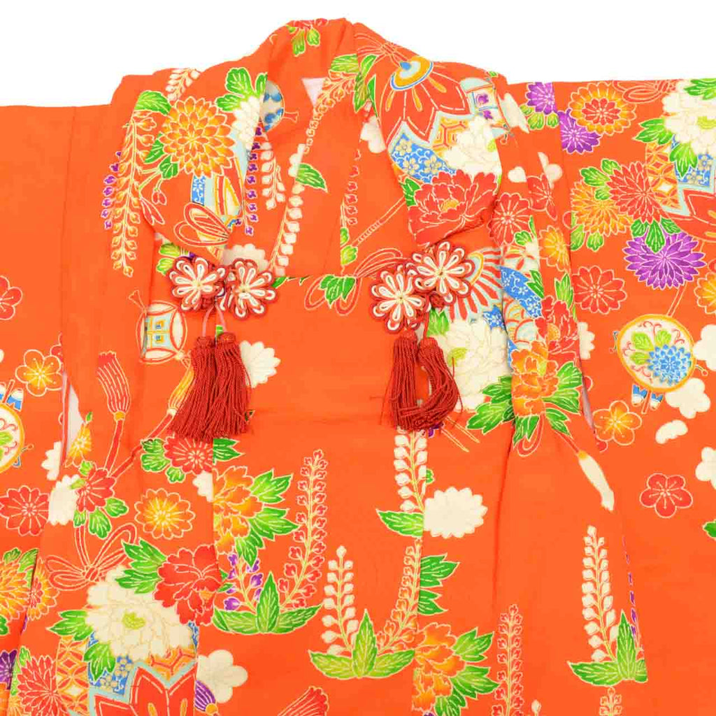 [Used] Recycled Kimono for Baby Girl's First Shrine Visit, One-Piece, Pure Silk, Ready-Made, Sleeve Length 40.5cm (15.9in), Body Length 86.0cm (33.9in), Orange, Ball and Hairpin Pattern, with Haori (short jacket), Gold Embroidery, First Kimono, uu2155b 