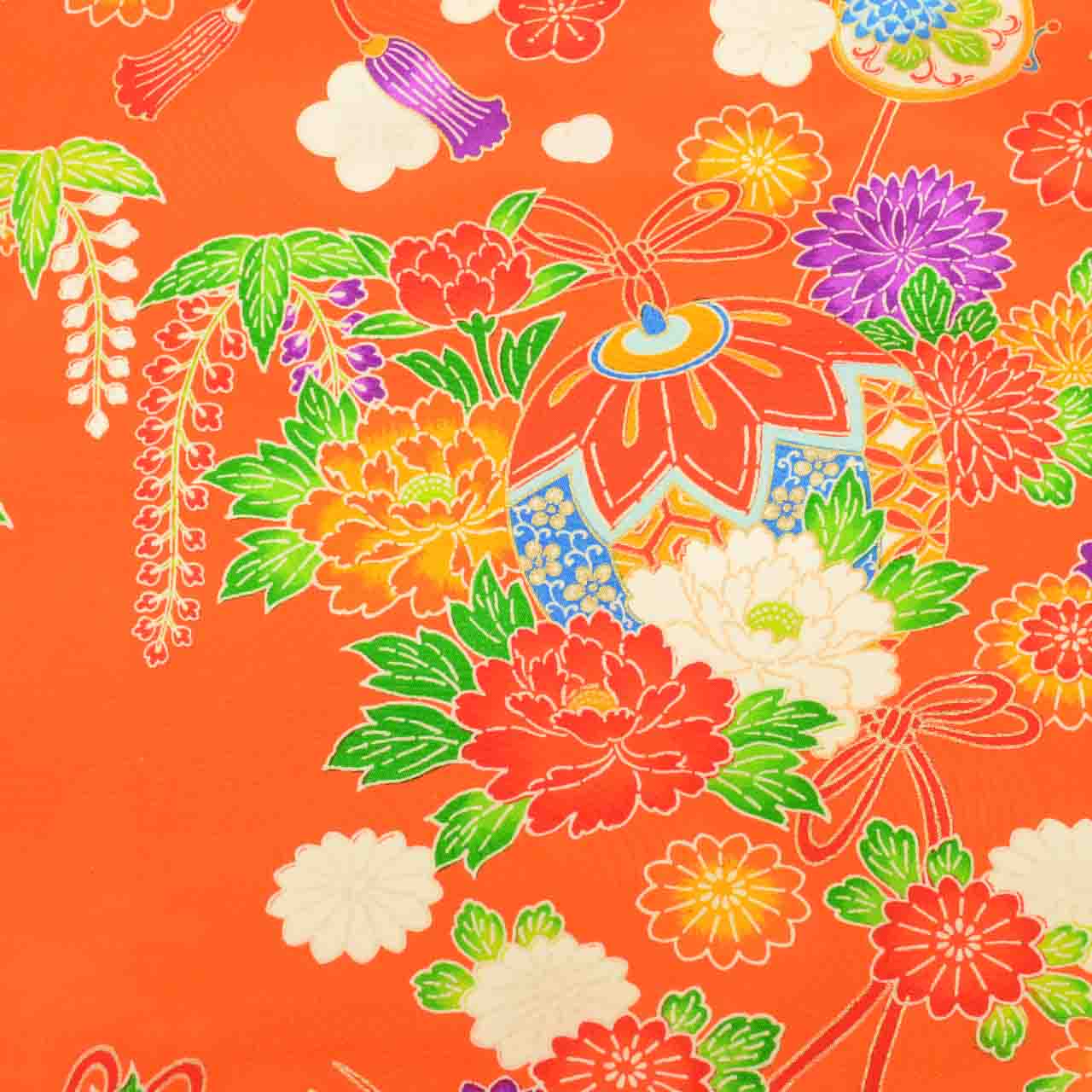 [Used] Recycled Kimono for Baby Girl's First Shrine Visit, One-Piece, Pure Silk, Ready-Made, Sleeve Length 40.5cm (15.9in), Body Length 86.0cm (33.9in), Orange, Ball and Hairpin Pattern, with Haori (short jacket), Gold Embroidery, First Kimono, uu2155b 