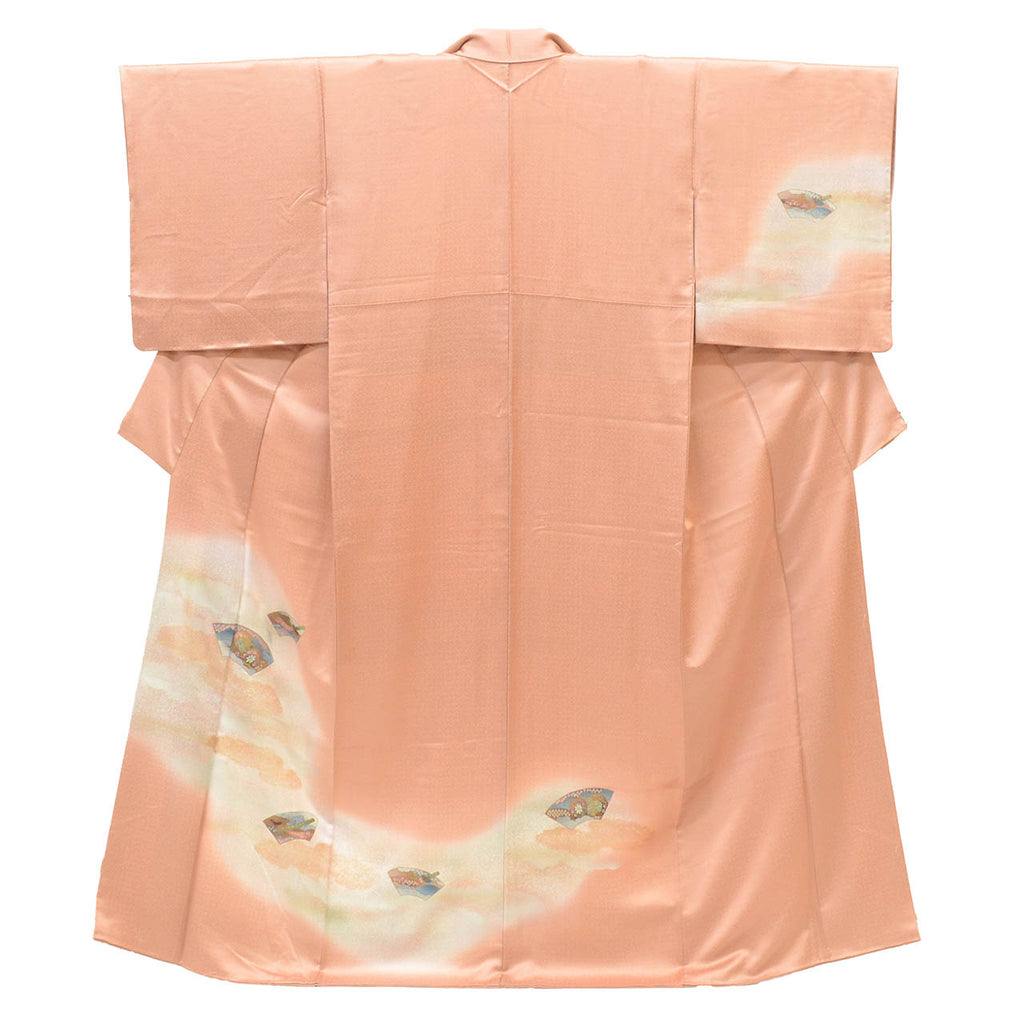 Vintage Japanese Kimono | Tsukesage | Pink Silk | Fan Paper Drum Pattern | Gold Foil | Unused | Size M | Sustainable | uu2178b