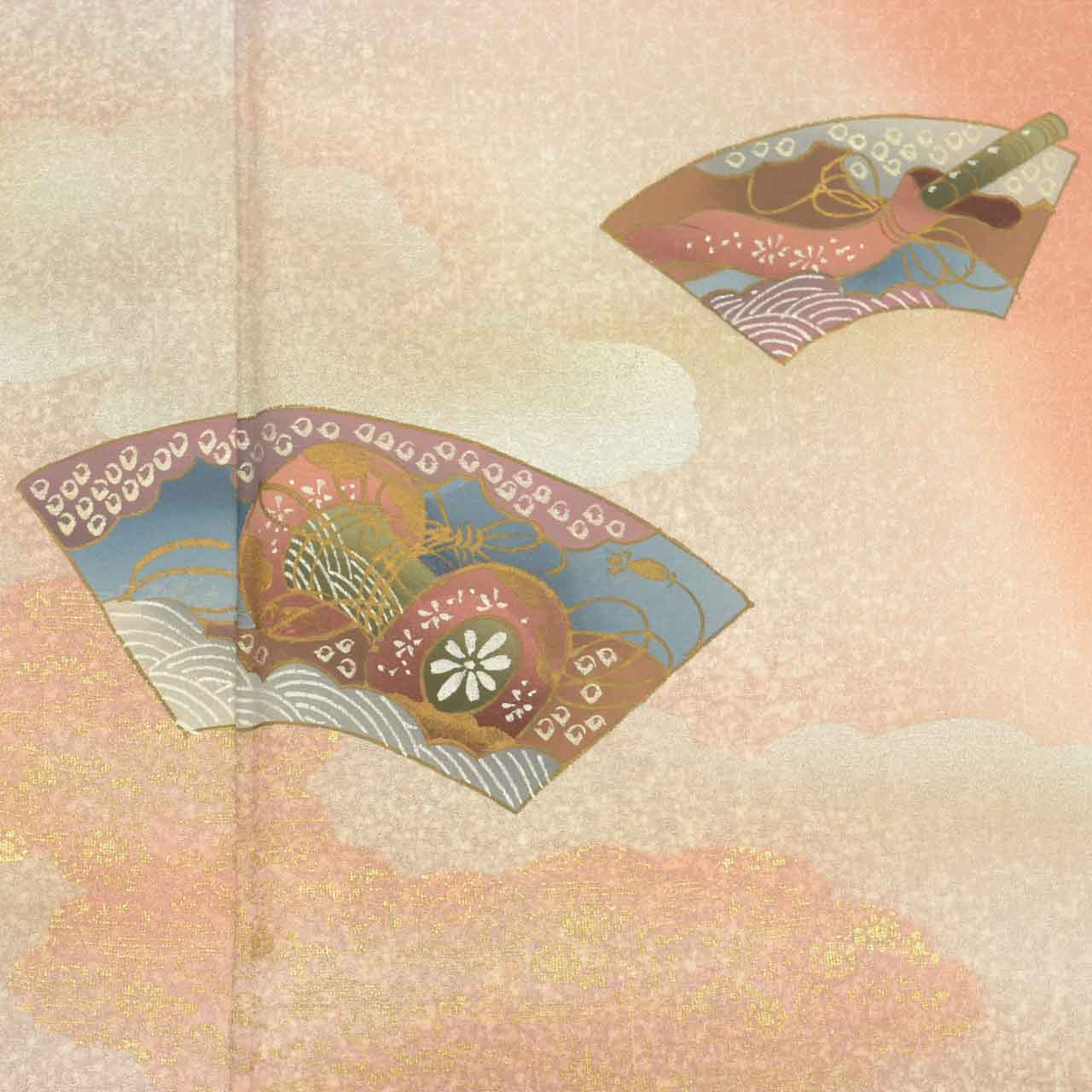 Vintage Japanese Kimono | Tsukesage | Pink Silk | Fan Paper Drum Pattern | Gold Foil | Unused | Size M | Sustainable | uu2178b