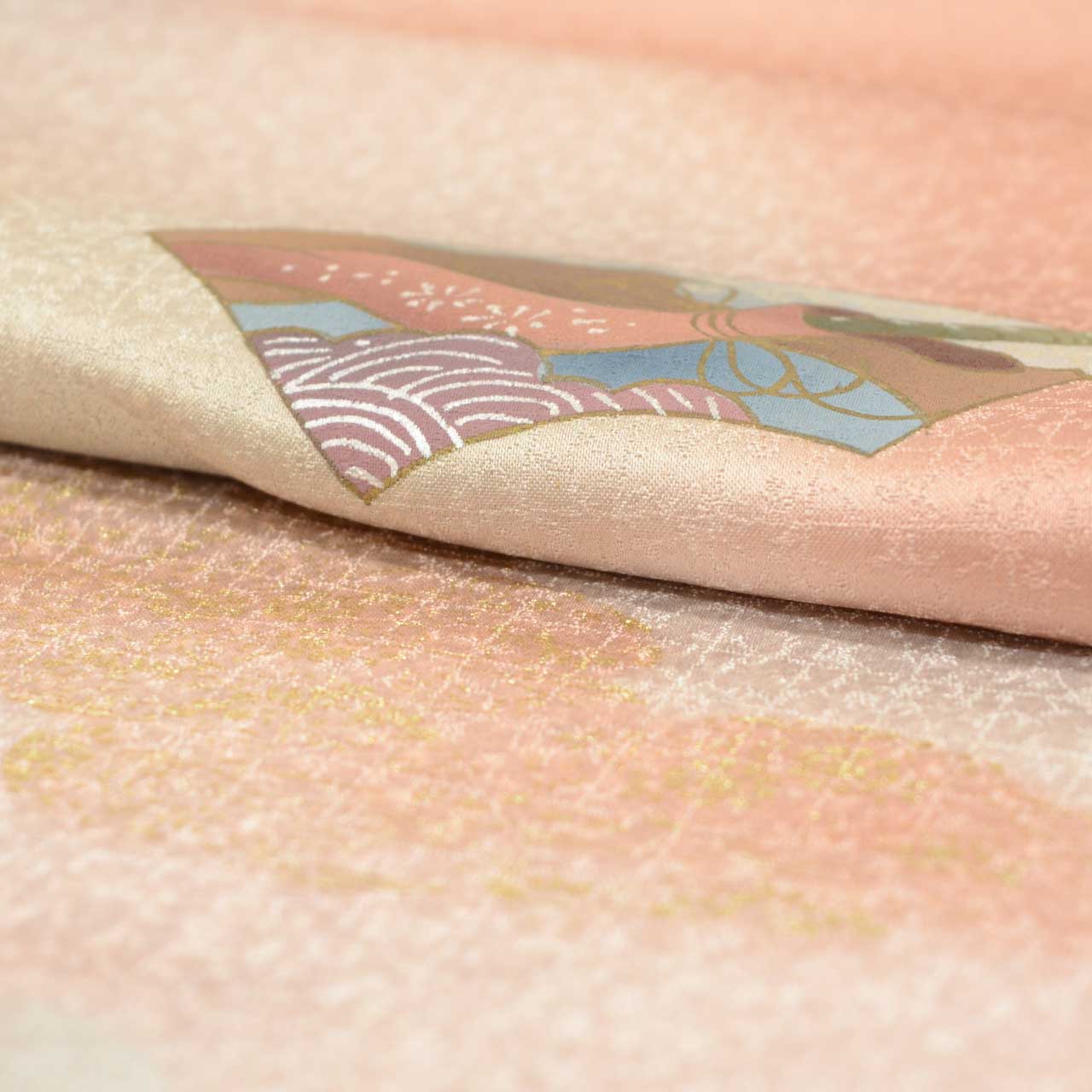 Vintage Japanese Kimono | Tsukesage | Pink Silk | Fan Paper Drum Pattern | Gold Foil | Unused | Size M | Sustainable | uu2178b