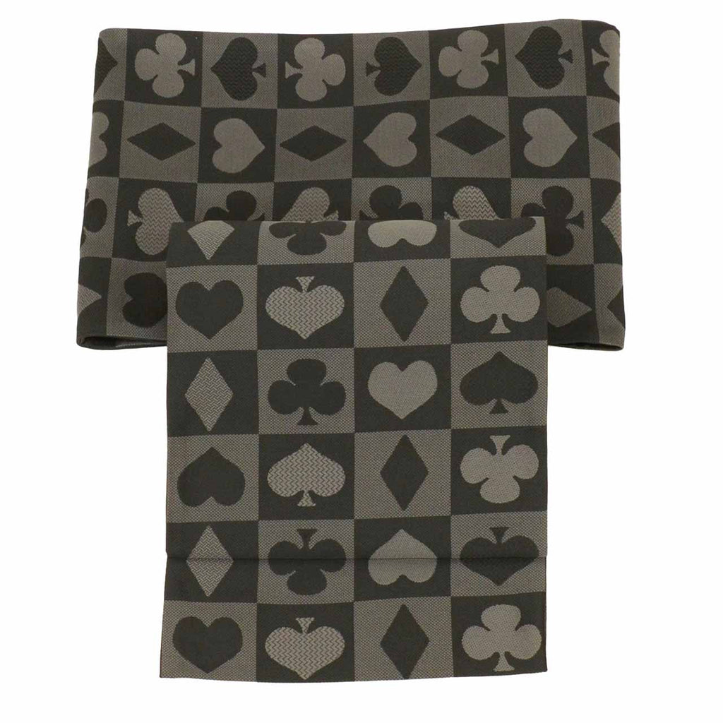 Vintage Japanese Obi | Kyo-bukuro Obi | Black Synthetic | Playing Card Heart Pattern | Washable | Casual | Sustainable | uu2184b