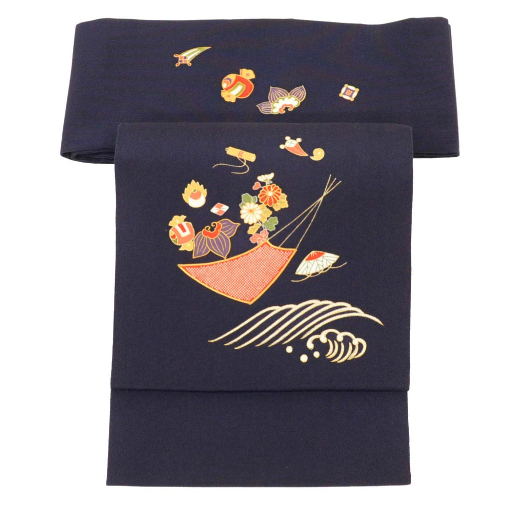 Vintage Japanese Obi | Nagoya Obi | Purple Silk Crepe | Takarazukushi | Gold Embroidery | Echigoya | Excellent | Sustainable | uu2187b