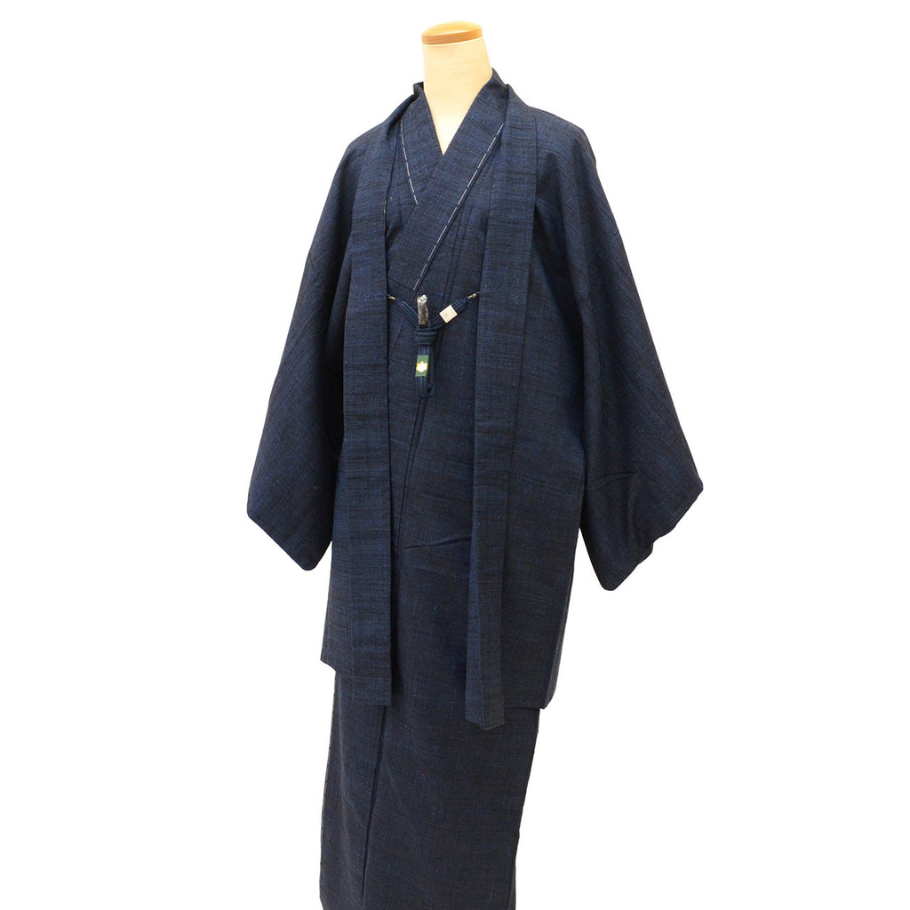 Vintage Japanese Kimono | Men's Tsumugi Ensemble | Navy Silk | Unused | With Himo | Size L | Sustainable | uu2191b
