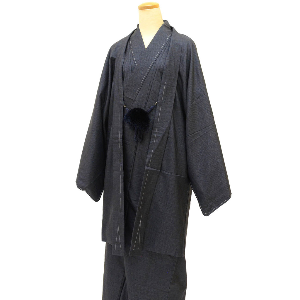 [Used] Recycled Kimono and Haori Set Ensemble for Men, Oshima Tsumugi Silk, Unused, Sleeve Length 72.6cm (28.6in), Body Length 147.0cm (57.9in), Size L, Navy Blue, Tortoiseshell Pattern, with Haori Cord, Men's uu2194b 