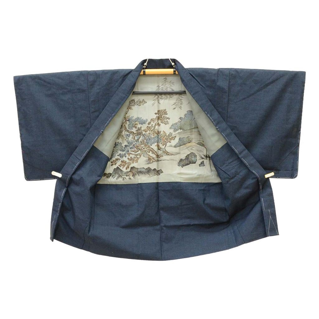 Vintage Japanese Kimono | Men's Yuki Tsumugi Ensemble | Navy Silk | Handwoven | Unused | UNESCO Heritage | Size S | Sustainable | uu2195b