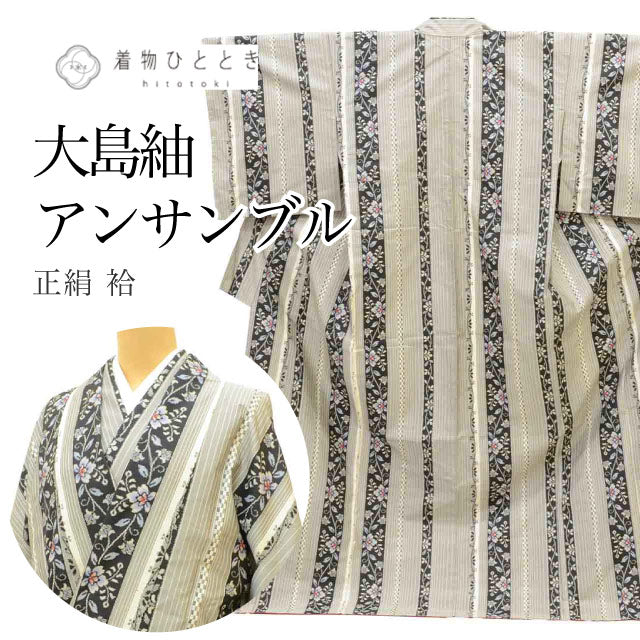 【中古】 リサイクル着物 道中着 アンサンブル 女性 大島紬 正絹 裄66cm 身丈166.5cm LL グレー色系 縞 花唐草文様 レディース uu2197b