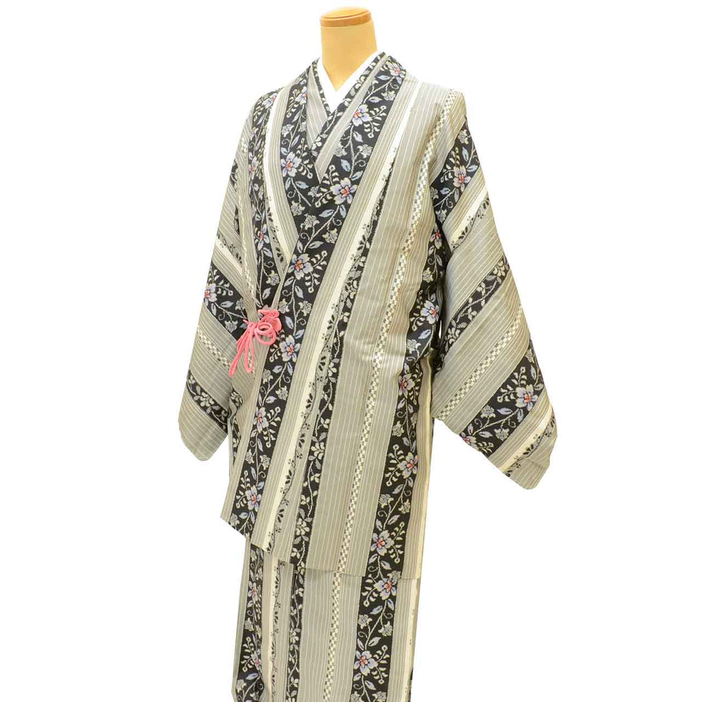 Vintage Japanese Kimono | Women's Oshima Tsumugi Ensemble | Gray Silk | Stripe Floral Arabesque | Michiyuki Coat | Sustainable | uu2197b