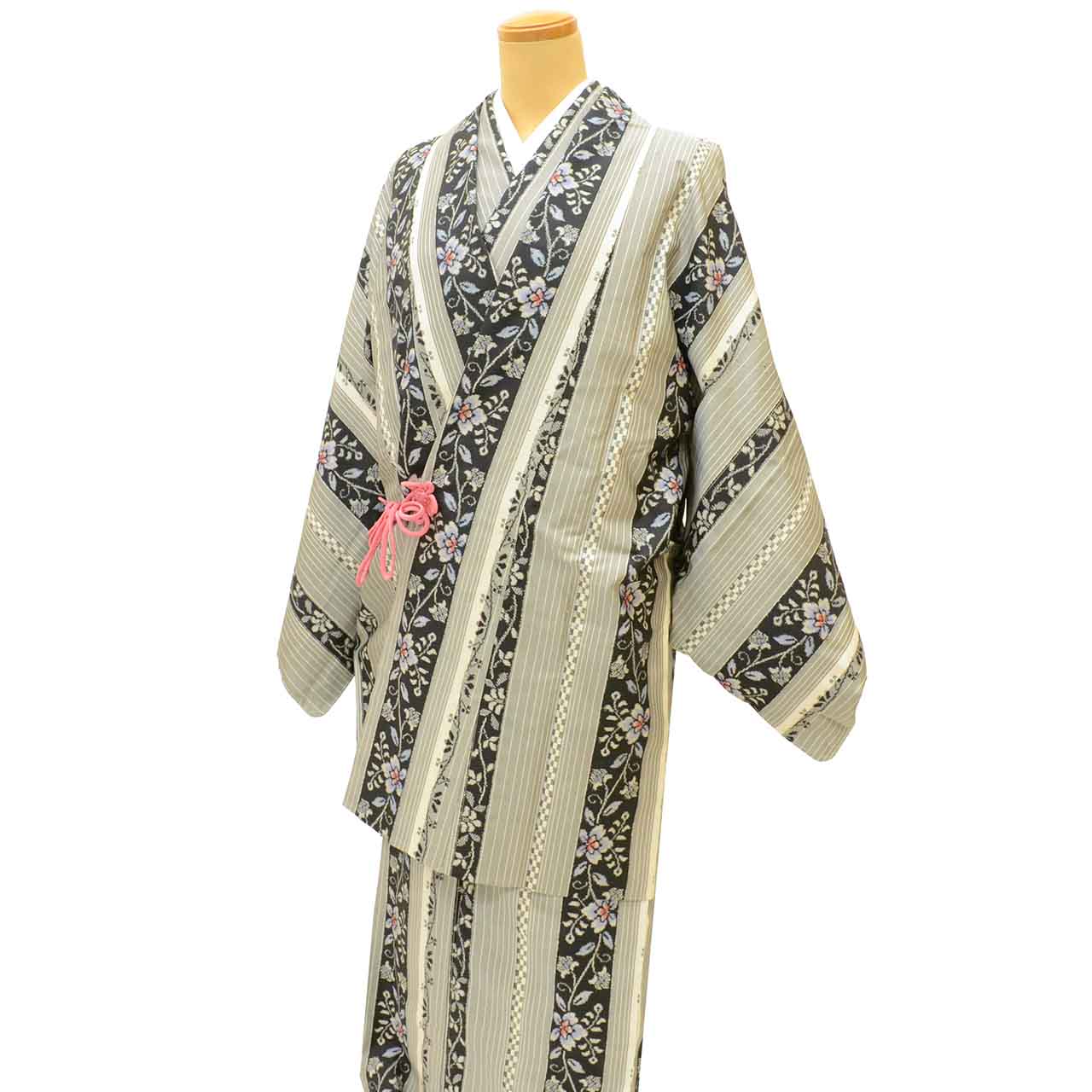 Vintage Japanese Kimono | Women's Oshima Tsumugi Ensemble | Gray Silk | Stripe Floral Arabesque | Michiyuki Coat | Sustainable | uu2197b