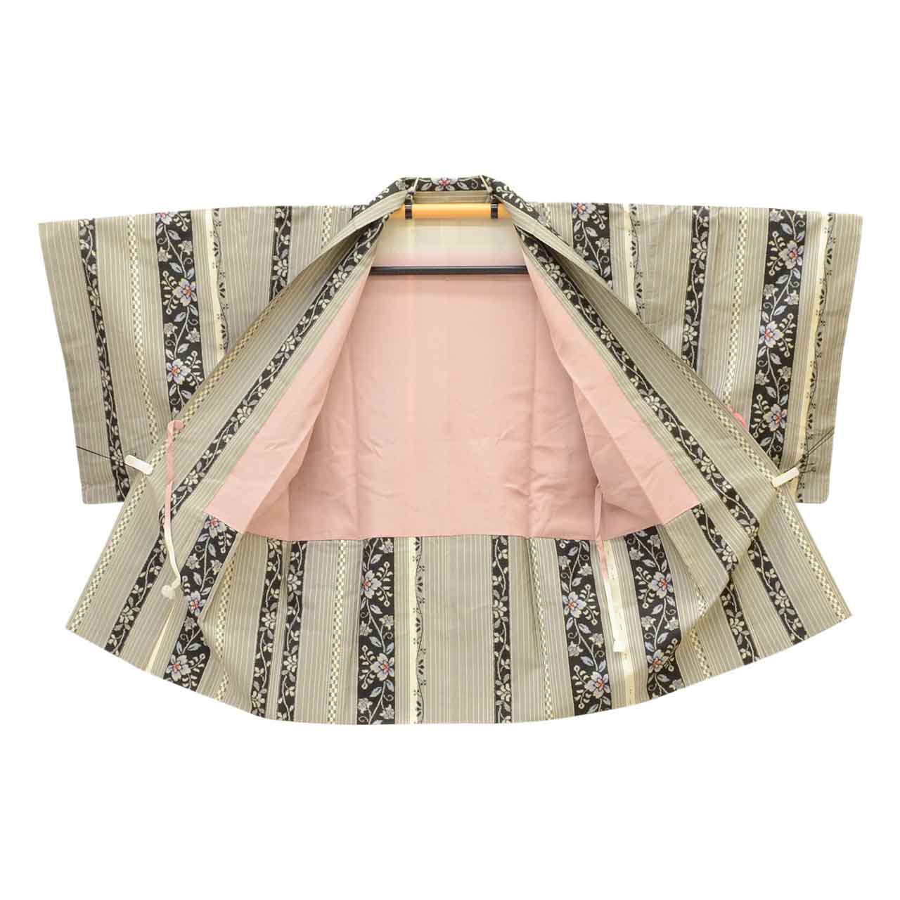Vintage Japanese Kimono | Women's Oshima Tsumugi Ensemble | Gray Silk | Stripe Floral Arabesque | Michiyuki Coat | Sustainable | uu2197b