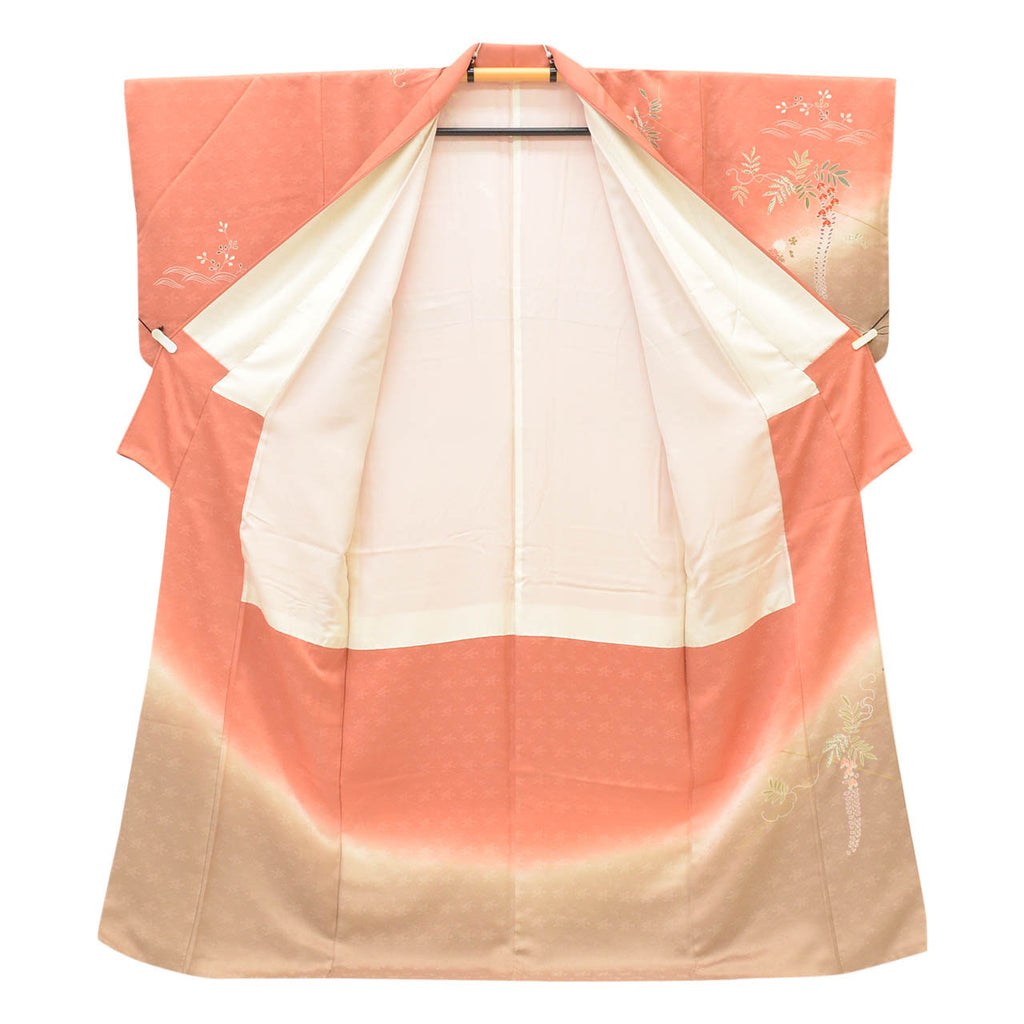 [Used] Recycled Kimono, Visiting Kimono, Pure Silk, Size M (Slightly Plus Size L), Excellent Condition, Length 160.0cm (63.0in), Sleeve Length 64.7cm (25.5in), Lined, Ready-made, Gold Embroidery, Gold Leaf, Brown, Floral Pattern, Silk, Reused, uu2214b 