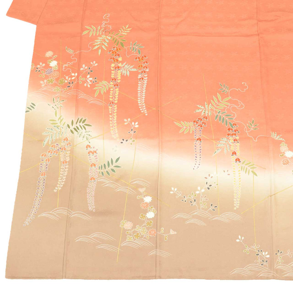 [Used] Recycled Kimono, Visiting Kimono, Pure Silk, Size M (Slightly Plus Size L), Excellent Condition, Length 160.0cm (63.0in), Sleeve Length 64.7cm (25.5in), Lined, Ready-made, Gold Embroidery, Gold Leaf, Brown, Floral Pattern, Silk, Reused, uu2214b 