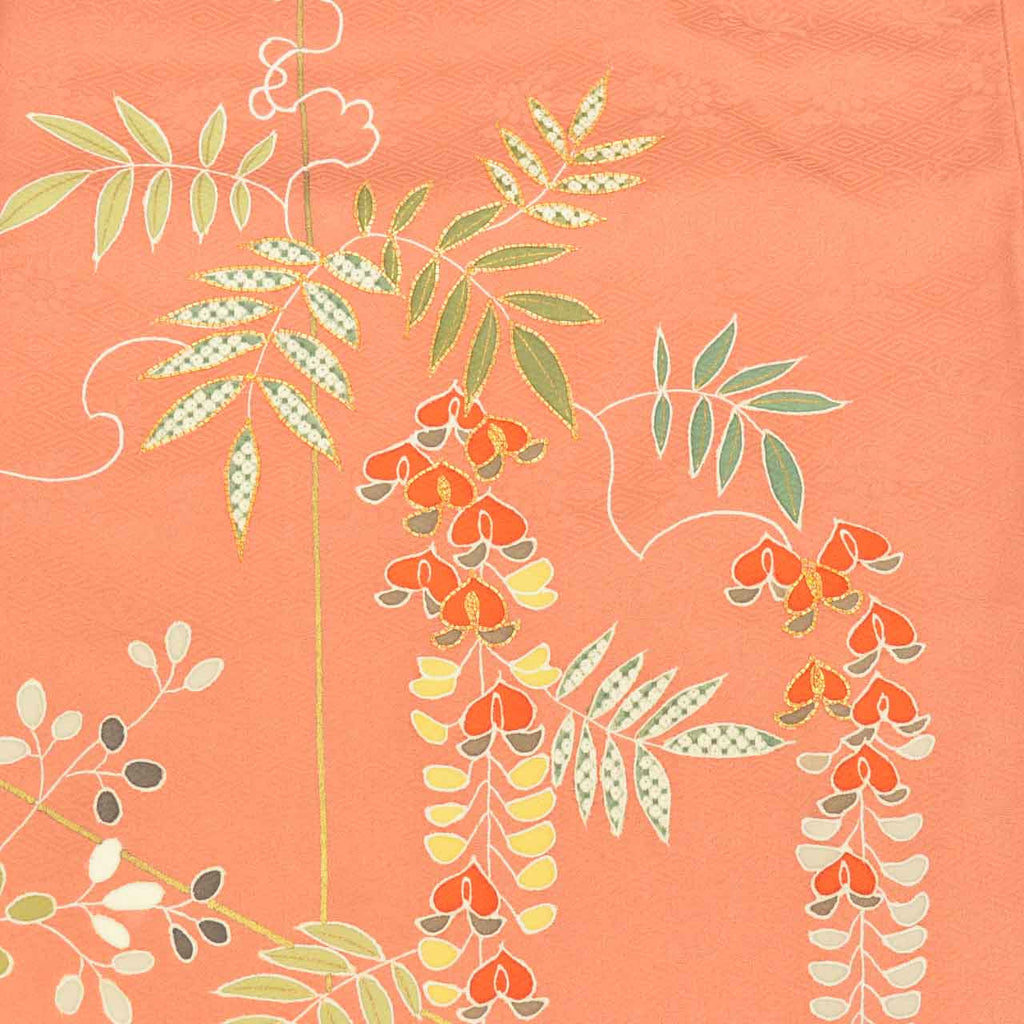 [Used] Recycled Kimono, Visiting Kimono, Pure Silk, Size M (Slightly Plus Size L), Excellent Condition, Length 160.0cm (63.0in), Sleeve Length 64.7cm (25.5in), Lined, Ready-made, Gold Embroidery, Gold Leaf, Brown, Floral Pattern, Silk, Reused, uu2214b 