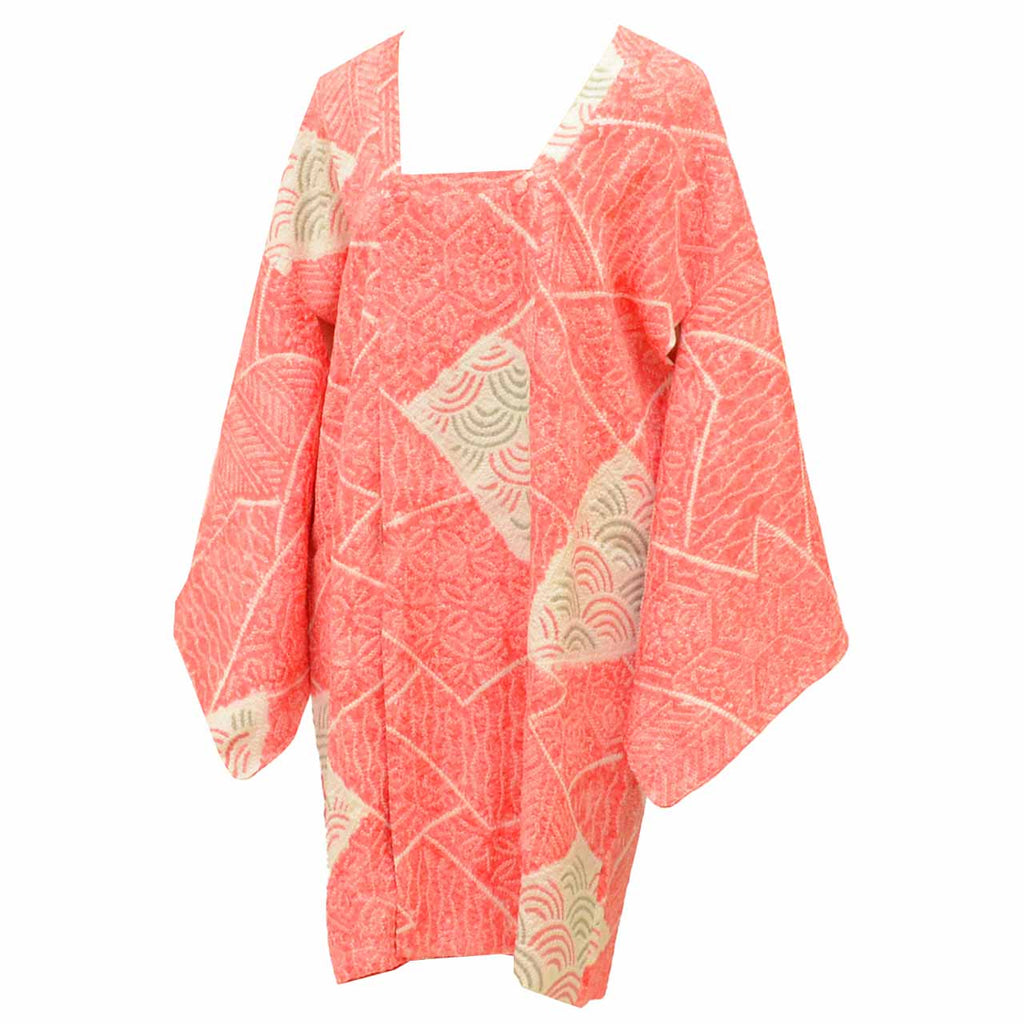 Vintage Japanese Kimono | Michiyuki Coat | Red Silk | All-over Shibori | Floral Seigaiha | Unused | Sustainable | uu2235b