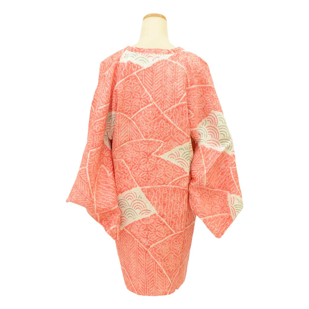 Vintage Japanese Kimono | Michiyuki Coat | Red Silk | All-over Shibori | Floral Seigaiha | Unused | Sustainable | uu2235b
