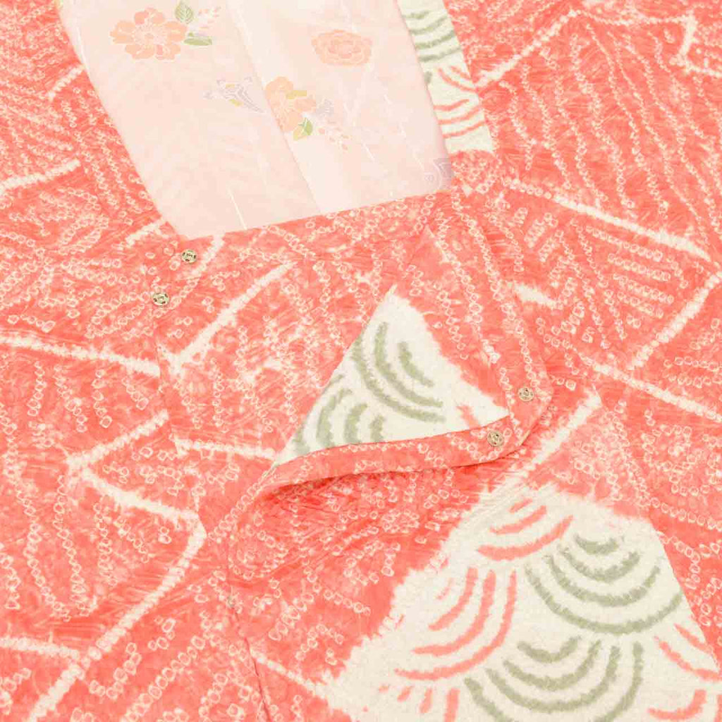Vintage Japanese Kimono | Michiyuki Coat | Red Silk | All-over Shibori | Floral Seigaiha | Unused | Sustainable | uu2235b