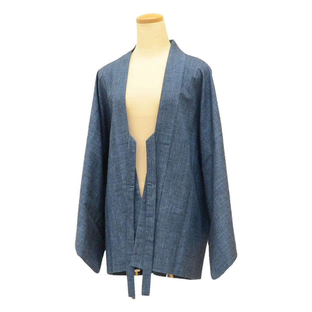 [Used] Recycled Men's Haori Jacket, Men's, Pure Silk, Tsumugi, Length 75.0cm (29.5in), Sleeve Length 70.5cm (27.8in), Navy, Plain, with Haori Cord, SILK, Reuse uu2252b 