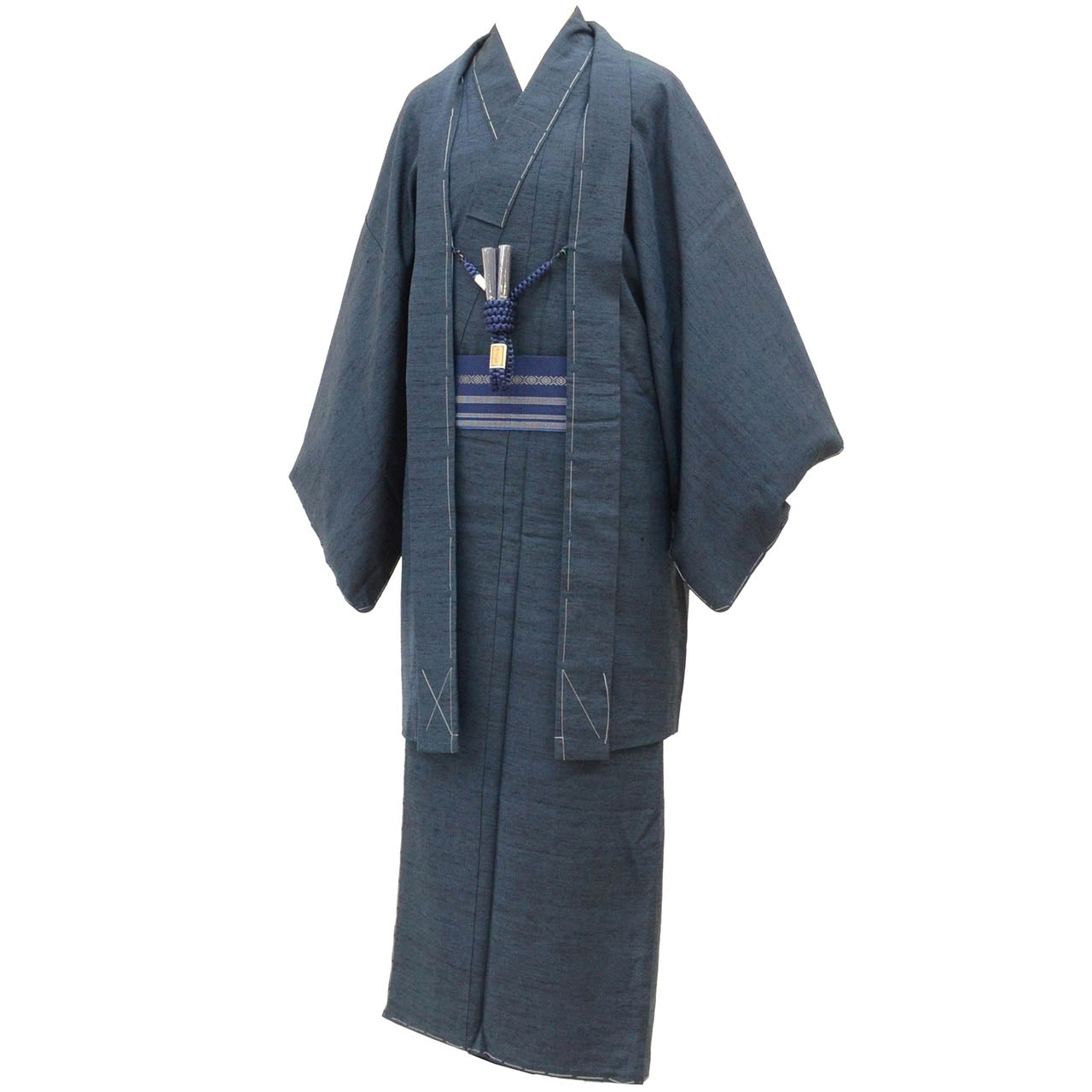 [Used] Recycled Kimono and Haori Set Ensemble for Men, Tamaito Tsumugi Silk, Unused, Sleeve Length 67.5cm, Body Length 138cm, Size M, Navy Blue, Includes Nagajuban (undergarment), Obi (sash), and Haori Cord, with Certificate of Authenticity. (uu2261b) 