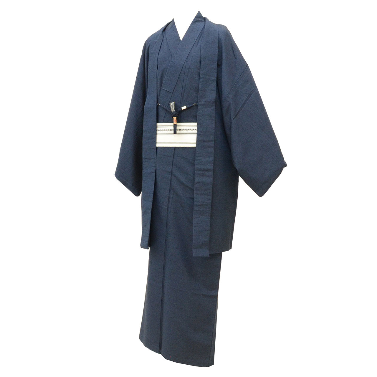 [Used] Recycled Kimono and Haori Set Ensemble for Men, Tsumugi Silk, Sleeve Length 68.7cm (27.0in), Body Length 147.0cm (57.9in), Size L, Navy Blue, with Obi Belt and Haori Cord, Men's uu2264b 