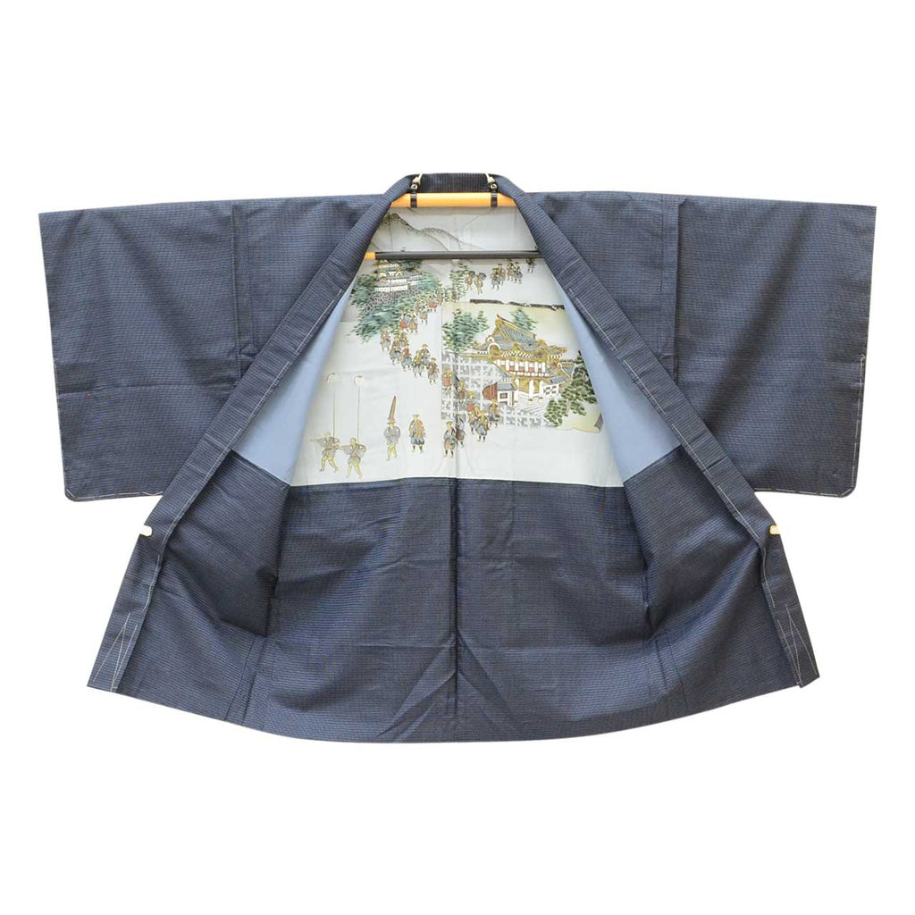 [Used] Recycled Kimono and Haori Set Ensemble for Men, Oshima Tsumugi Silk, Unused, Sleeve Length 71.0cm (28.0in), Body Length 150.0cm (59.1in), Size LL, Navy Blue, Tortoiseshell Pattern, Comes with Obi Belt and Haori Cord, Men's uu2265b 