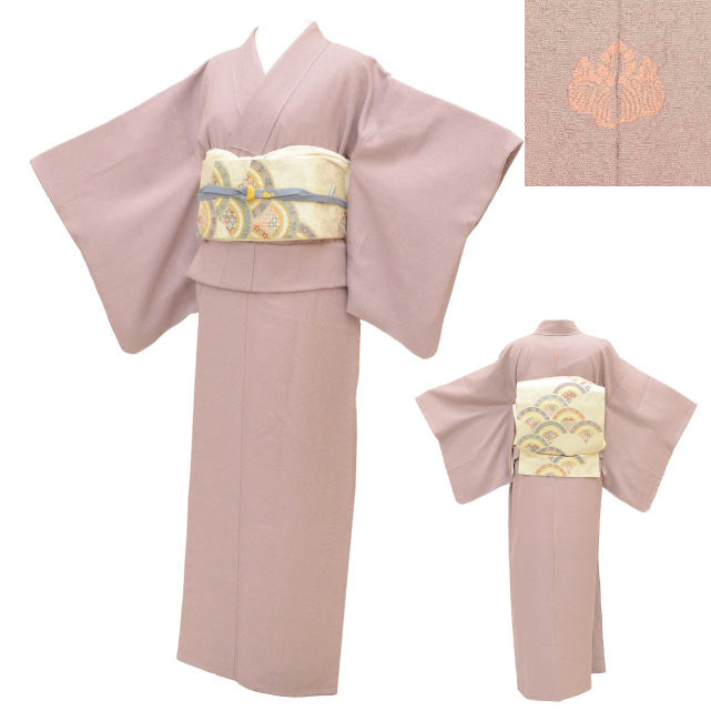 [Used] Recycled Kimono Set: Plain-colored kimono, pre-tied obi, pure silk, unused, sleeve length 64.5cm, kimono length 140.5cm, size LL, suitable for heights 165.5cm-170.5cm, purple, obi sash, obiage, crested kimono included. uu2269a120 