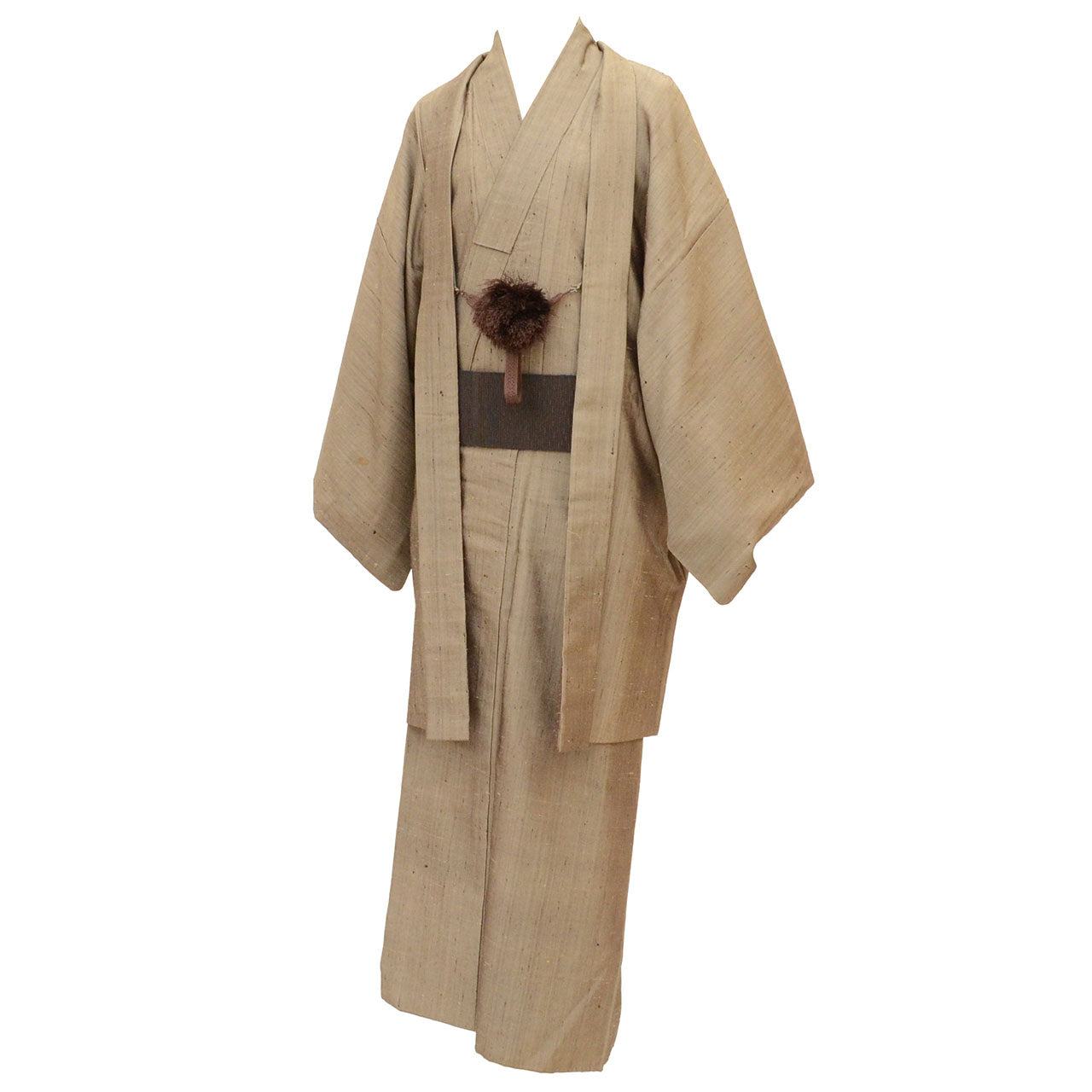 [Used] Recycled Kimono and Haori Set Ensemble for Men, Tsumugi Silk, Sleeve Length 66.5cm (26.2in), Body Length 138.0cm (54.3in), Size S, Brown, with Obi Belt and Haori Cord, Men's uu2275b 