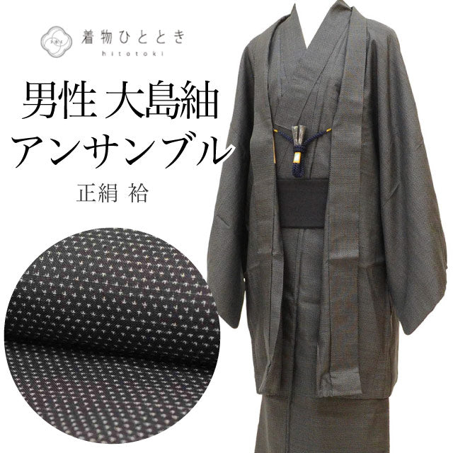 【中古】 リサイクル着物 羽織 セット アンサンブル 男性 大島紬 正絹 裄67.5cm 身丈143.5cm M 黒色系 蚊絣文様 角帯 羽織紐 付き メンズ uu2276b